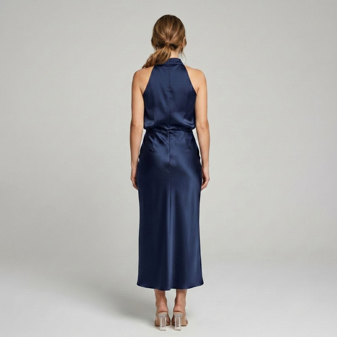 Karen | Draped Midi Dress with Wrap-Style Bodice and High Neckline, Sleeveless Evening Dress | My Sweet Wardrobe