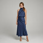 Karen | Draped Midi Dress with Wrap-Style Bodice and High Neckline, Sleeveless Evening Dress | My Sweet Wardrobe