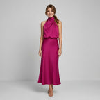 Karen | Draped Midi Dress with Wrap-Style Bodice and High Neckline, Sleeveless Evening Dress | My Sweet Wardrobe