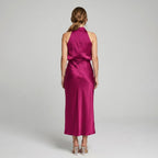 Karen | Draped Midi Dress with Wrap-Style Bodice and High Neckline, Sleeveless Evening Dress | My Sweet Wardrobe