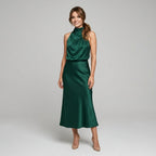 Karen | Draped Midi Dress with Wrap-Style Bodice and High Neckline, Sleeveless Evening Dress | My Sweet Wardrobe