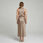 Karen | Draped Midi Dress with Wrap-Style Bodice and High Neckline, Sleeveless Evening Dress | My Sweet Wardrobe