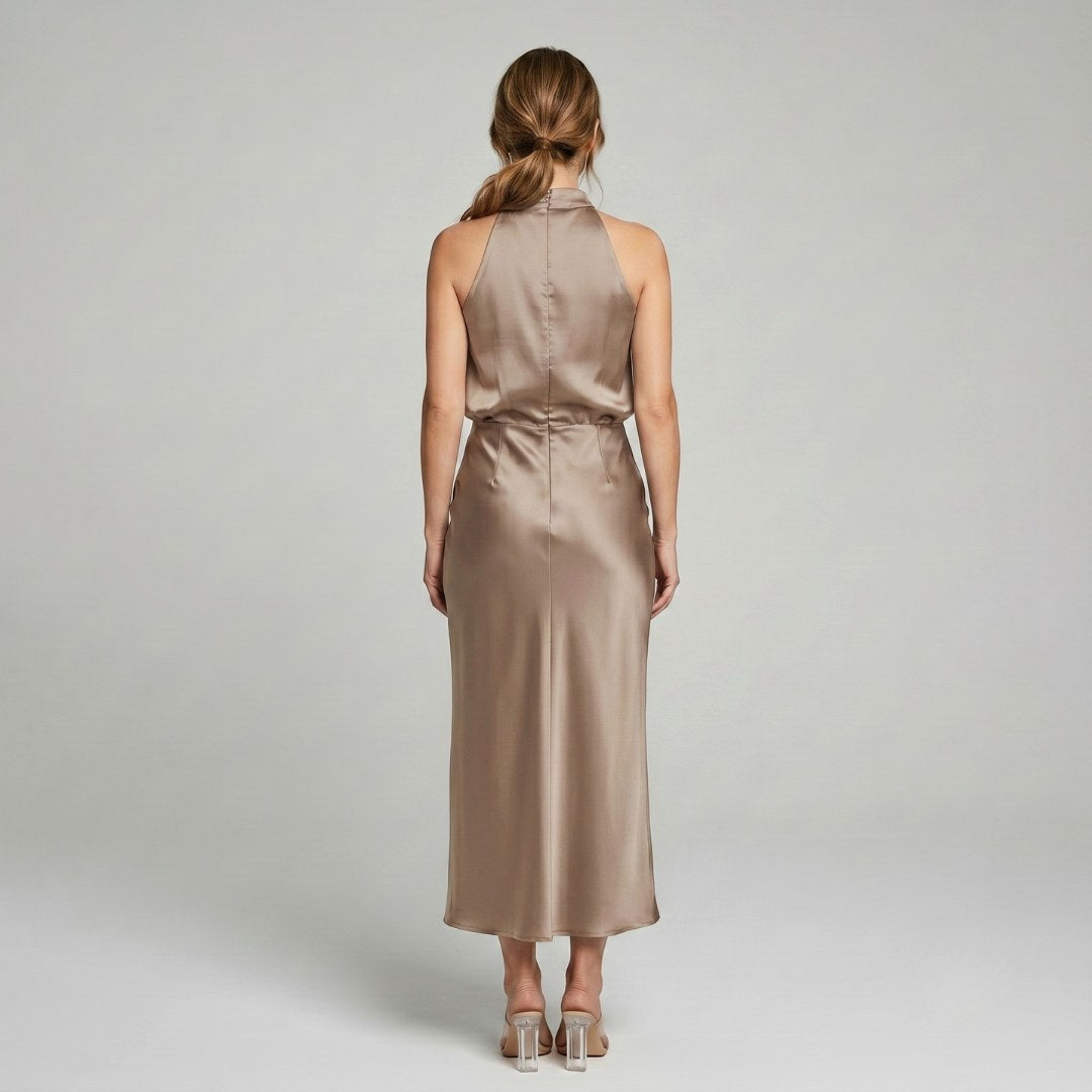 Karen | Draped Midi Dress with Wrap-Style Bodice and High Neckline, Sleeveless Evening Dress | My Sweet Wardrobe