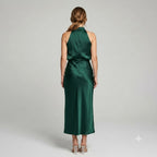 Karen | Draped Midi Dress with Wrap-Style Bodice and High Neckline, Sleeveless Evening Dress | My Sweet Wardrobe