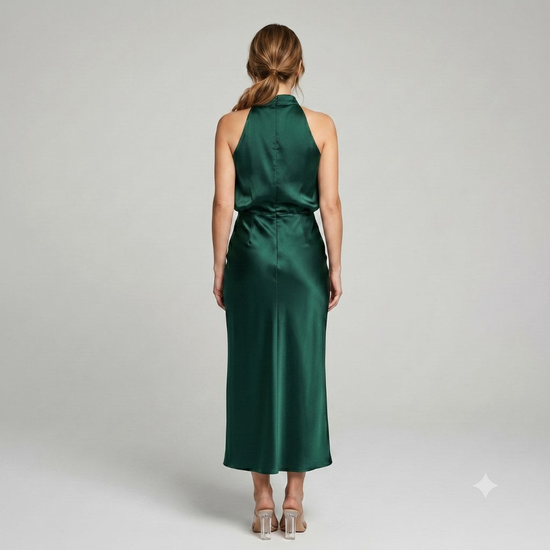 Karen | Draped Midi Dress with Wrap-Style Bodice and High Neckline, Sleeveless Evening Dress | My Sweet Wardrobe