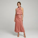 Karen | Draped Midi Dress with Wrap-Style Bodice and High Neckline, Sleeveless Evening Dress | My Sweet Wardrobe