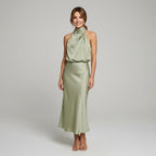 Karen | Draped Midi Dress with Wrap-Style Bodice and High Neckline, Sleeveless Evening Dress | My Sweet Wardrobe