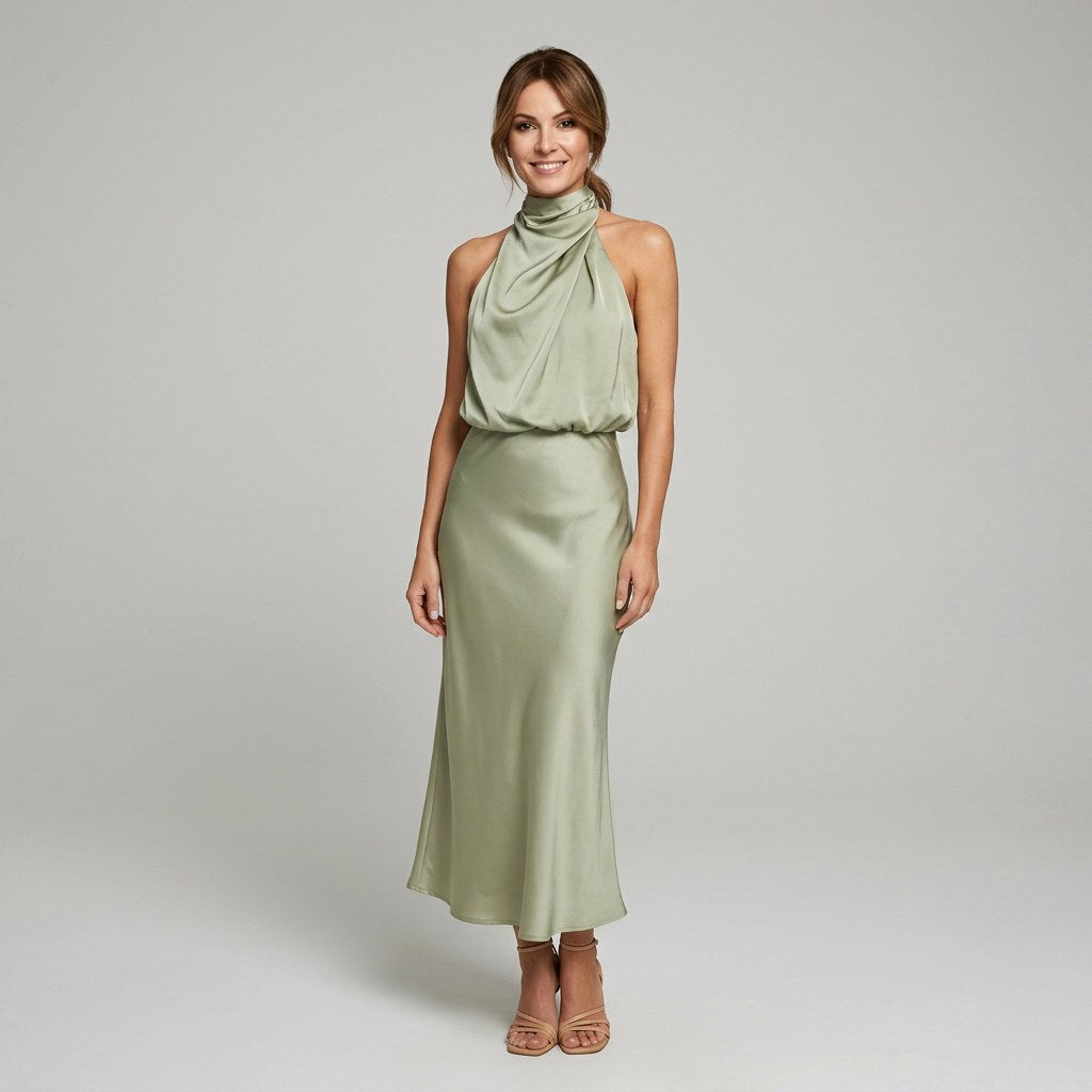 Karen | Draped Midi Dress with Wrap-Style Bodice and High Neckline, Sleeveless Evening Dress | My Sweet Wardrobe