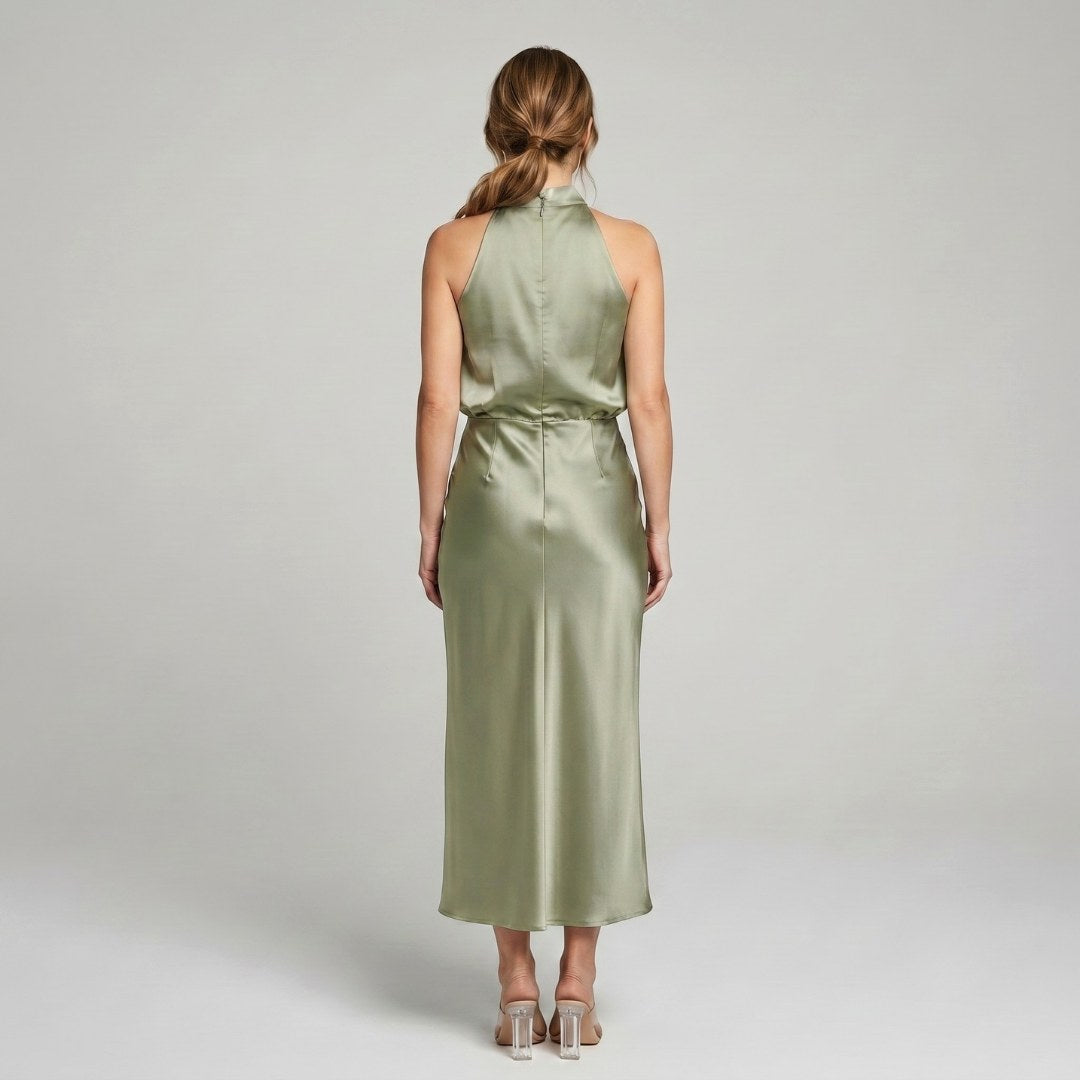 Karen | Draped Midi Dress with Wrap-Style Bodice and High Neckline, Sleeveless Evening Dress | My Sweet Wardrobe