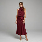 Karen | Draped Midi Dress with Wrap-Style Bodice and High Neckline, Sleeveless Evening Dress | My Sweet Wardrobe