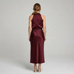 Karen | Draped Midi Dress with Wrap-Style Bodice and High Neckline, Sleeveless Evening Dress | My Sweet Wardrobe