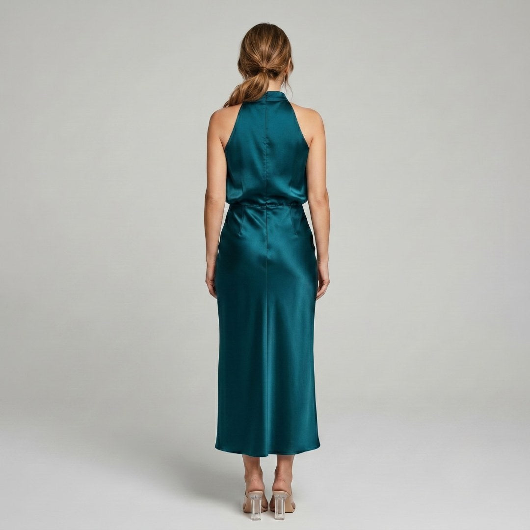 Karen | Draped Midi Dress with Wrap-Style Bodice and High Neckline, Sleeveless Evening Dress | My Sweet Wardrobe