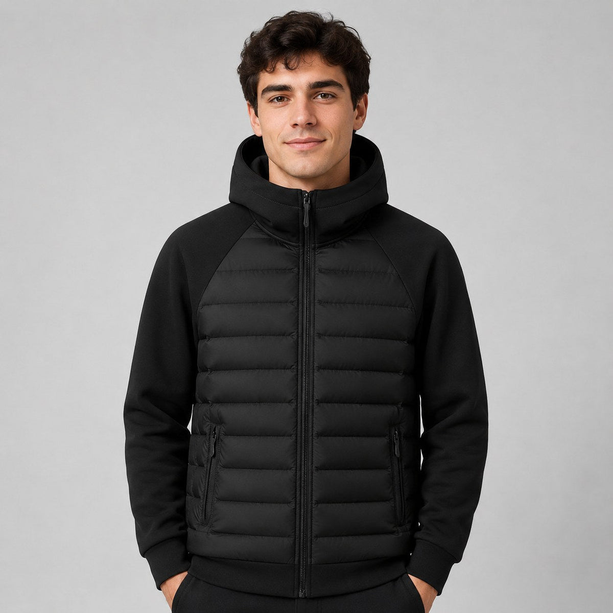 Kyle | Men's Hooded Down Jacket with Quilted Panels, Insulated Autumn Coat | My Sweet Wardrobe | Black