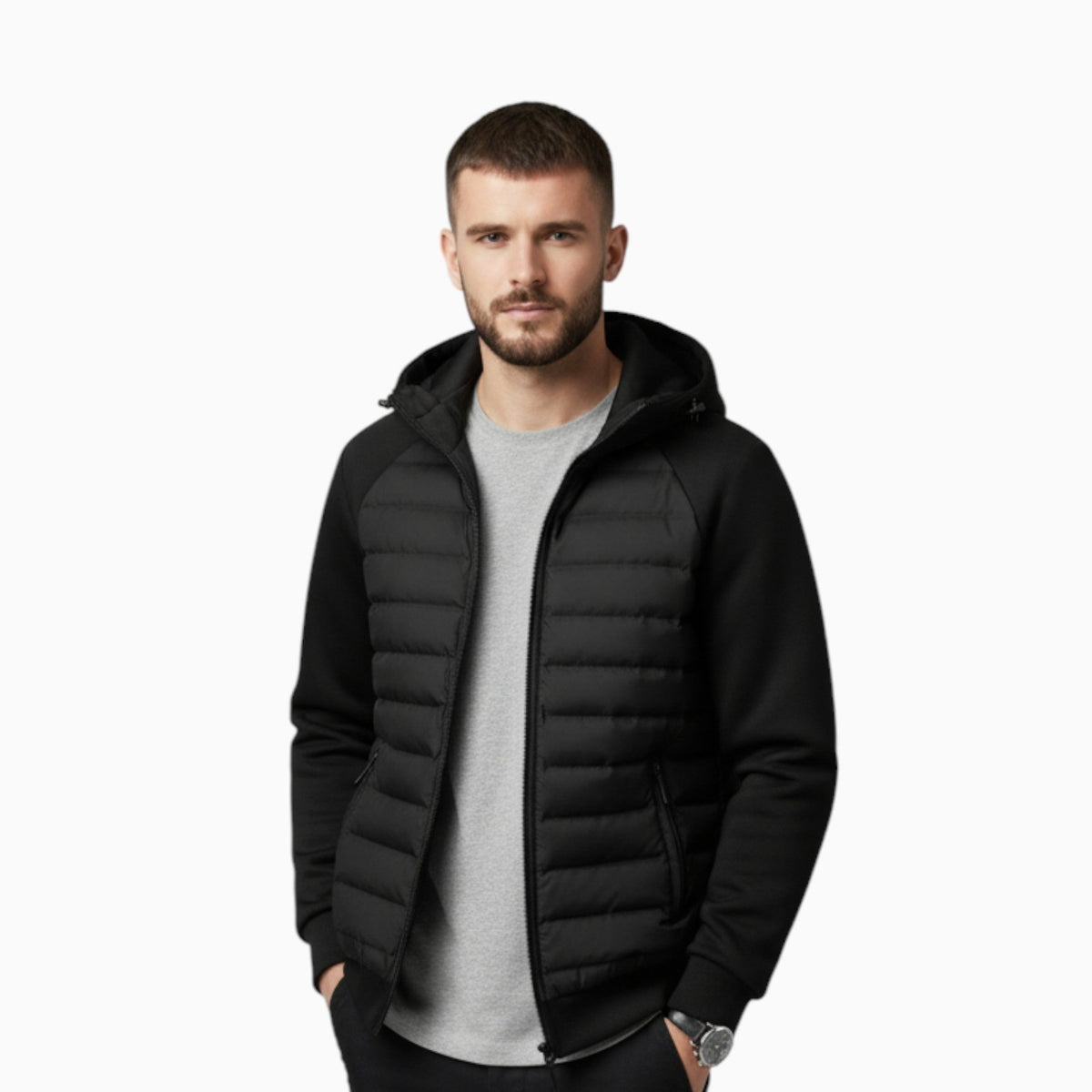 Kyle | Men's Hooded Down Jacket with Quilted Panels, Insulated Autumn Coat | My Sweet Wardrobe