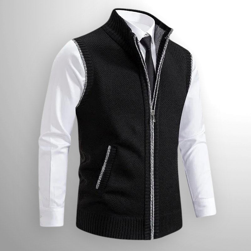 Leon | Men's Knit Waistcoat with Zip and Stand Collar, Structured Men's Waistcoat | My Sweet Wardrobe | Black