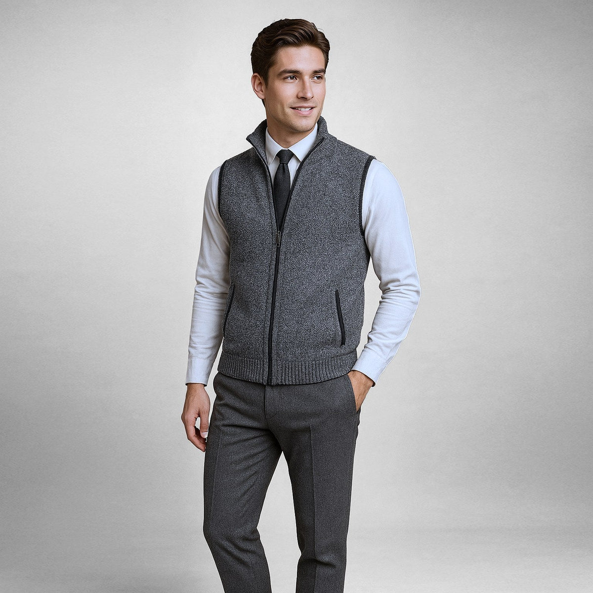 Leon | Men's Knit Waistcoat with Zip and Stand Collar, Structured Men's Waistcoat | My Sweet Wardrobe | Black