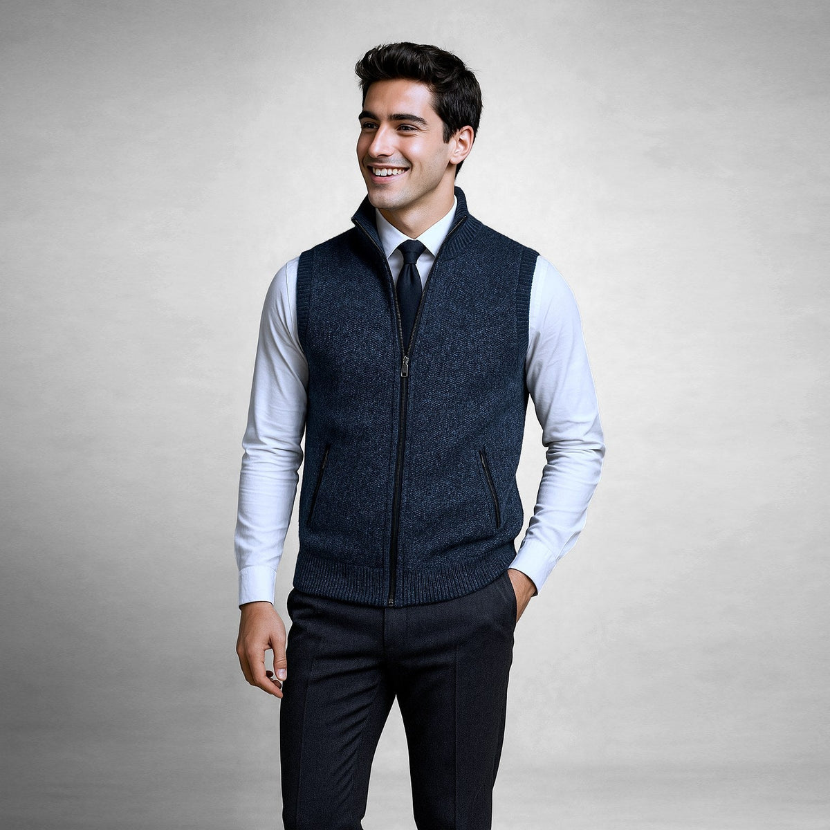 Leon | Men's Knit Waistcoat with Zip and Stand Collar, Structured Men's Waistcoat | My Sweet Wardrobe | Black