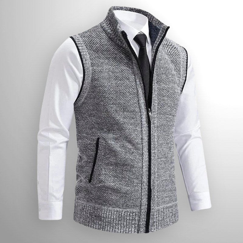 Leon | Men's Knit Waistcoat with Zip and Stand Collar, Structured Men's Waistcoat | My Sweet Wardrobe | Brown