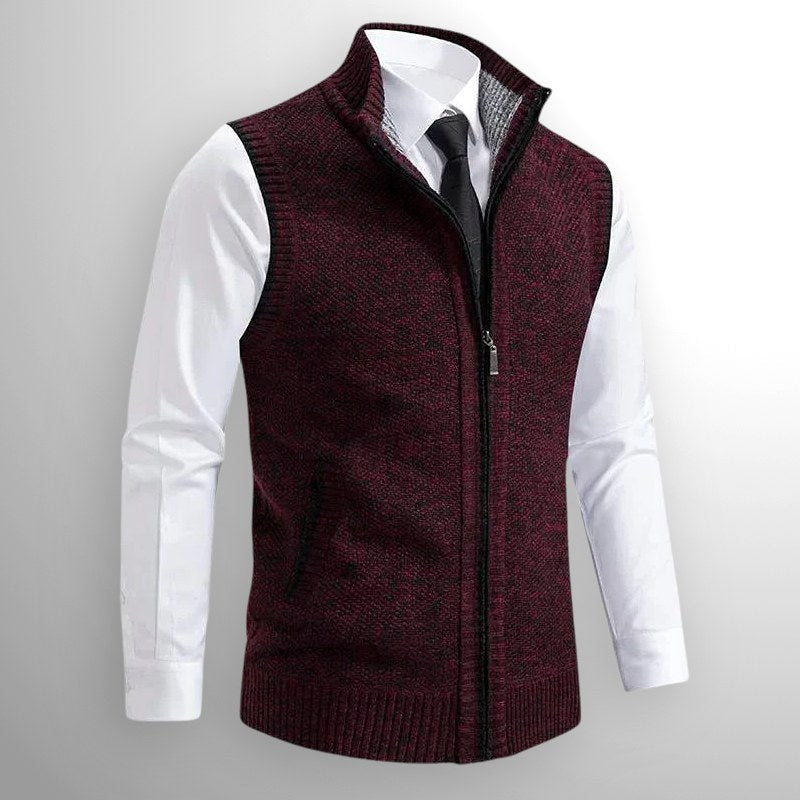 Leon | Men's Knit Waistcoat with Zip and Stand Collar, Structured Men's Waistcoat | My Sweet Wardrobe | Brown