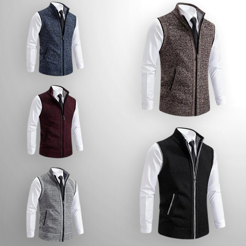 Leon | Men's Knit Waistcoat with Zip and Stand Collar, Structured Men's Waistcoat | My Sweet Wardrobe | Brown