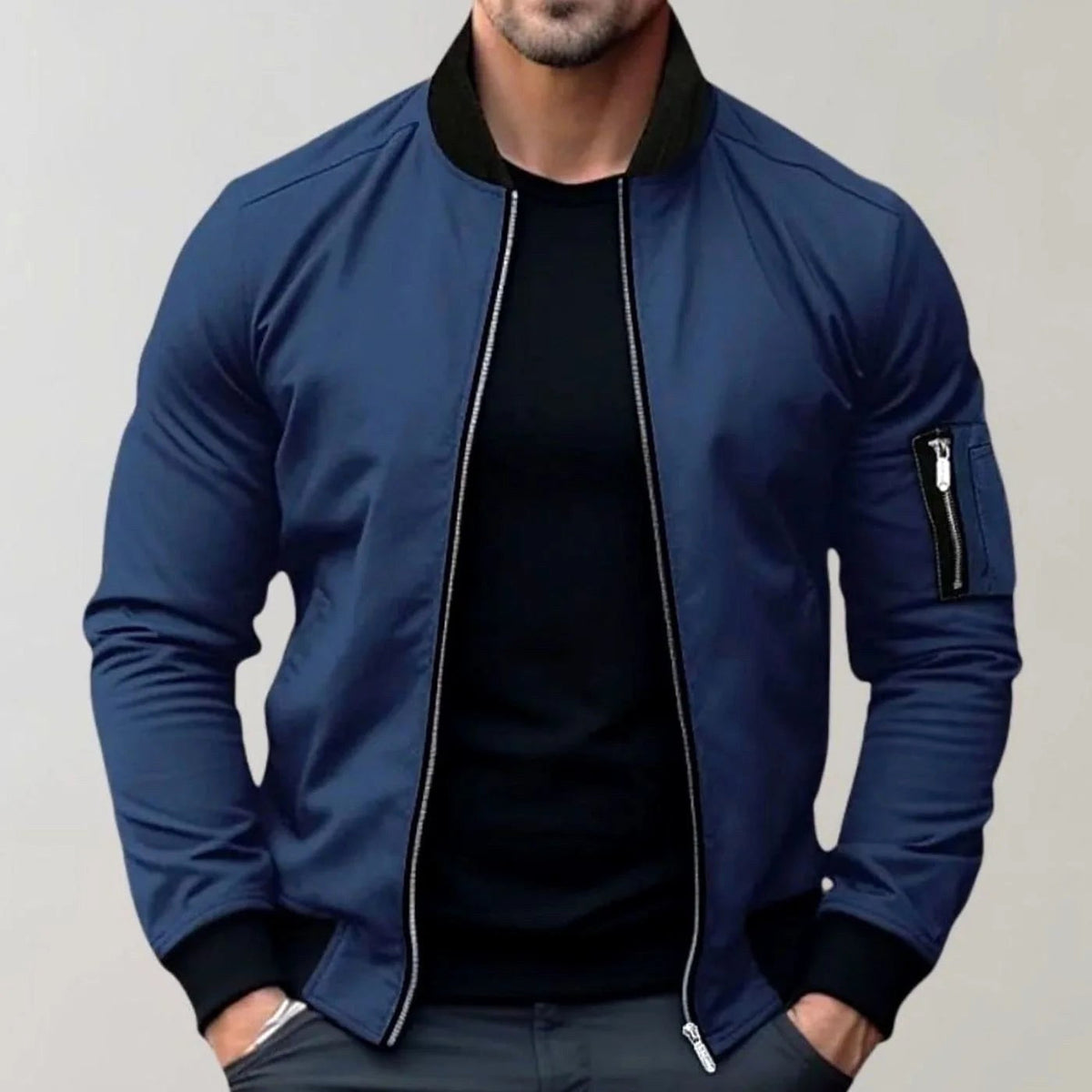 Liam | Men's Slim-Fit Bomber Jacket, Ribbed Collar Jacket | Dressific | Blue