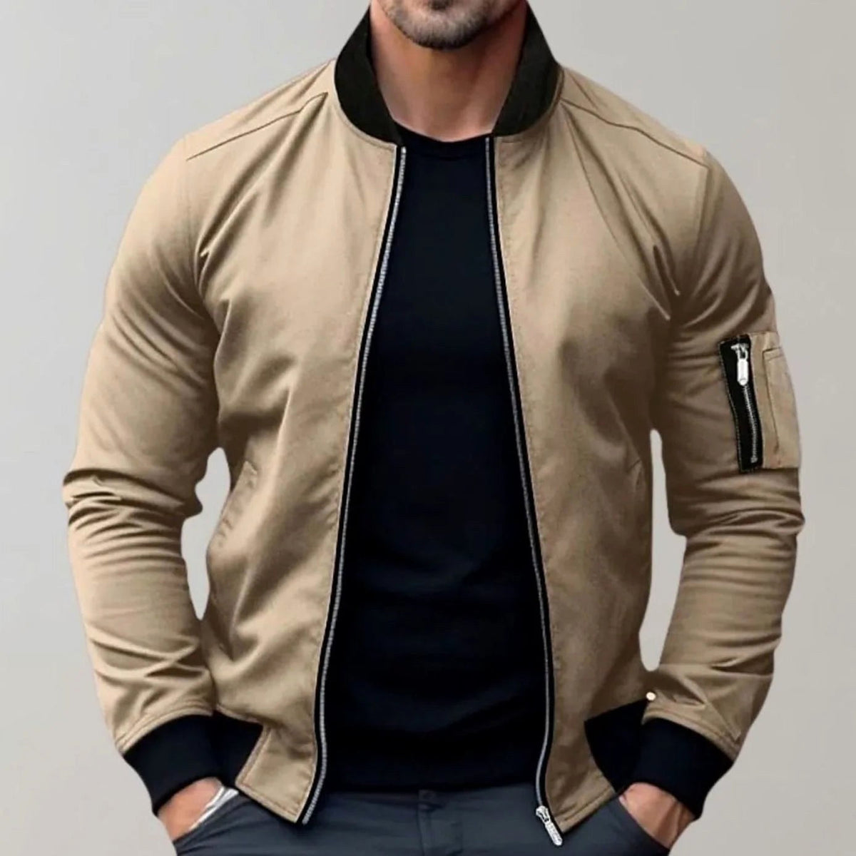 Liam | Men's Slim-Fit Bomber Jacket, Ribbed Collar Jacket | Dressific | Khaki