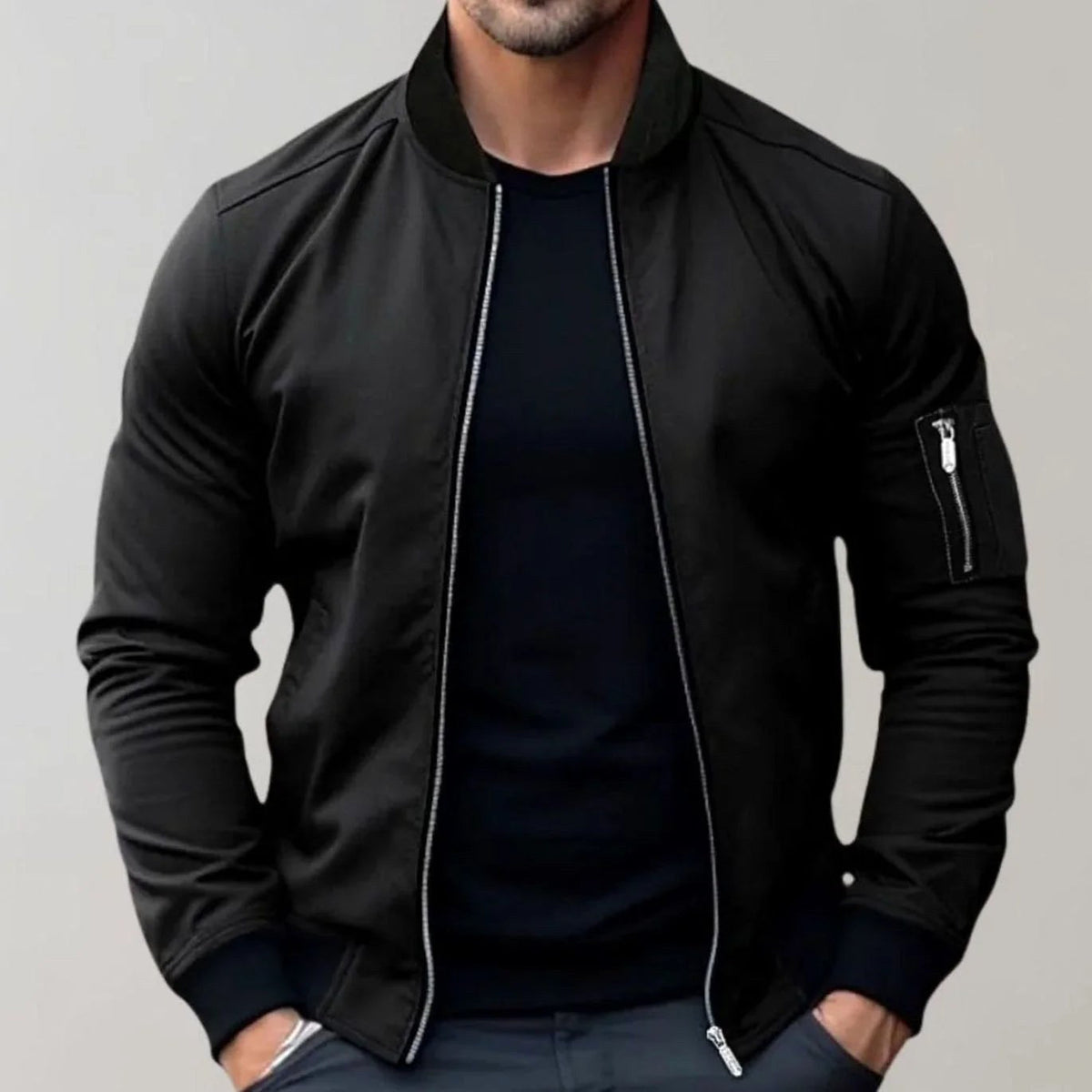Liam | Men's Slim-Fit Bomber Jacket, Ribbed Collar Jacket | Dressific | Black