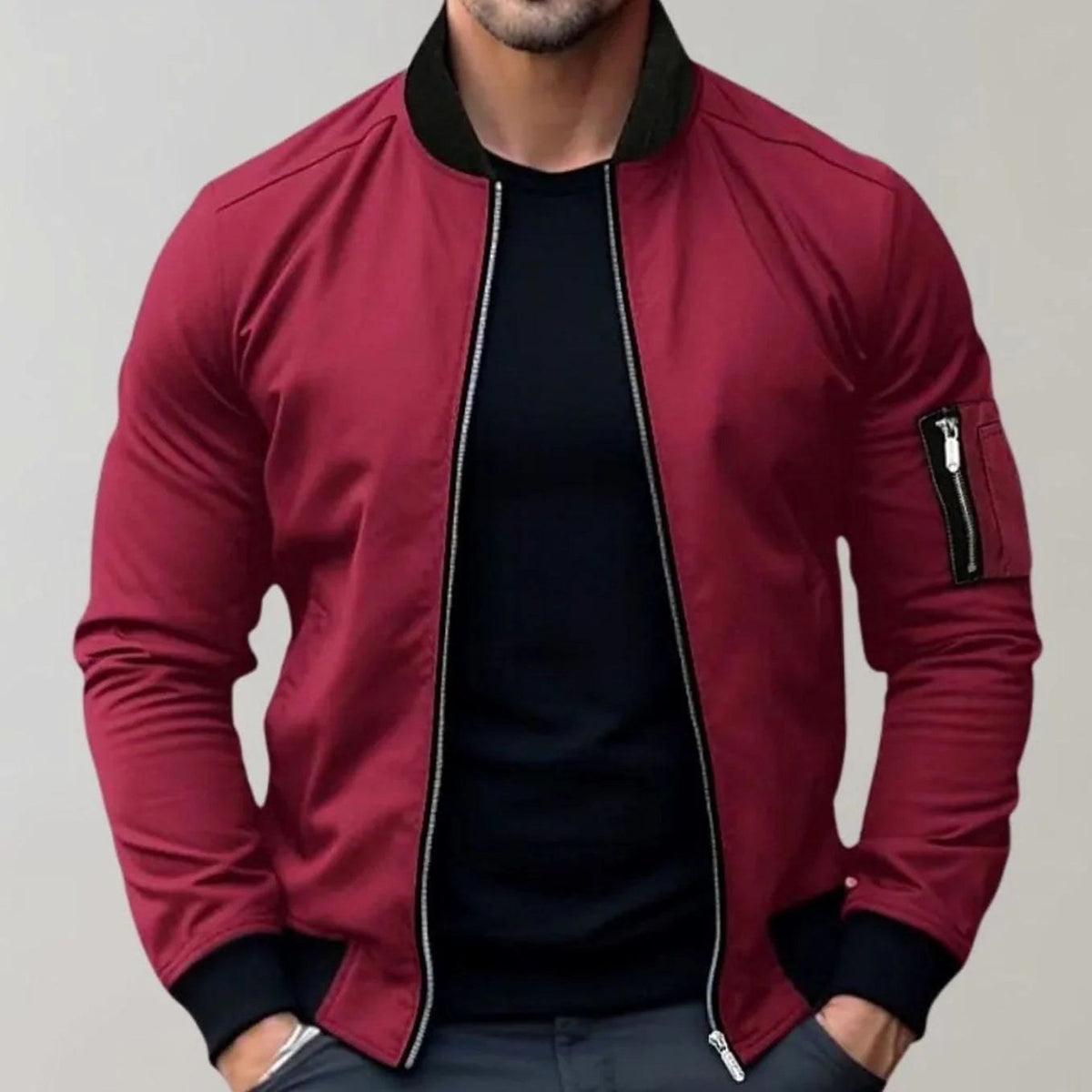 Liam | Men's Slim-Fit Bomber Jacket, Ribbed Collar Jacket | Dressific | Burgundy