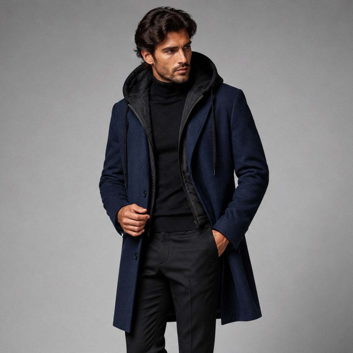 Lincoln | Men's Hooded Wool Overcoat, Quilted Lining Autumn Coat | My Sweet Wardrobe