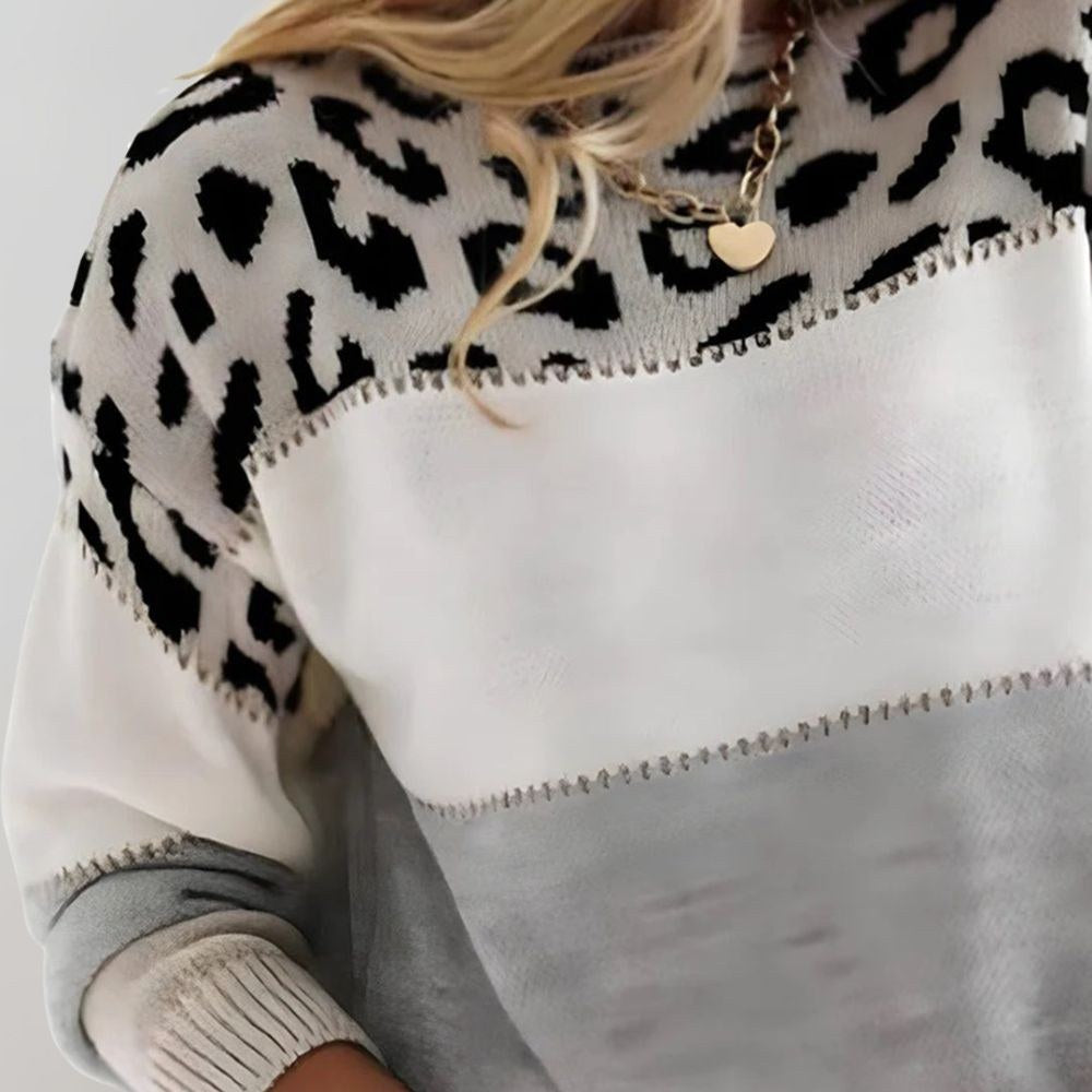 Linda | Women's Soft Knit Jumper with Colour-Block and Leopard Print, Patterned Knit Jumper | My Sweet Wardrobe