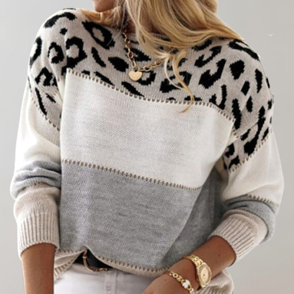 Linda | Women's Soft Knit Jumper with Colour-Block and Leopard Print, Patterned Knit Jumper | My Sweet Wardrobe