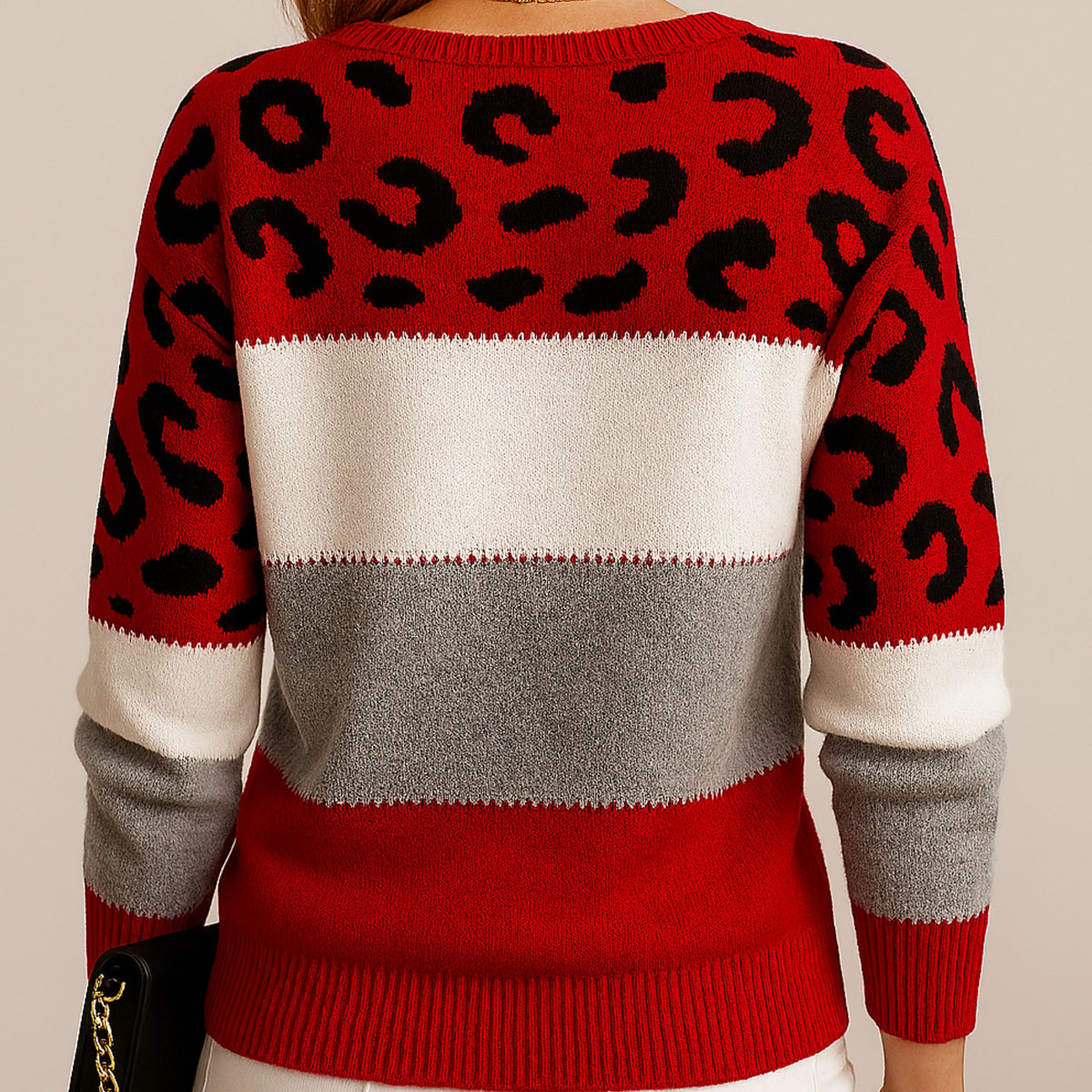 Linda | Women's Soft Knit Jumper with Colour-Block and Leopard Print, Patterned Knit Jumper | My Sweet Wardrobe