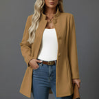Lorraine | Women's Button Front A-Line Coat, Stand Collar Autumn Coat | My Sweet Wardrobe | Camel