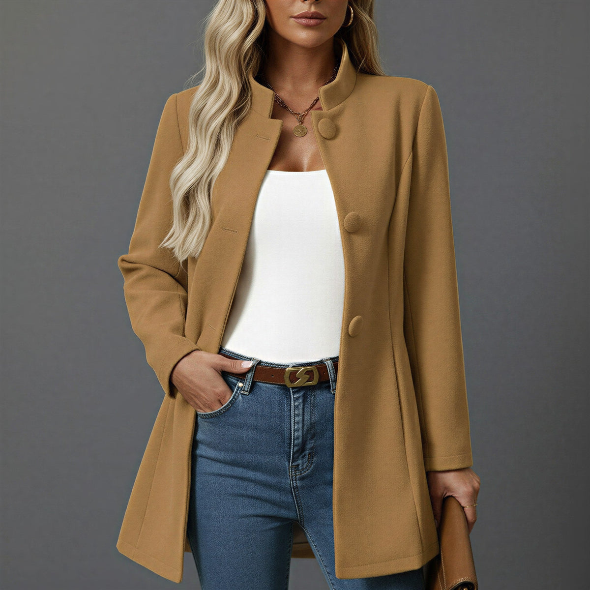Lorraine | Women's Button Front A-Line Coat, Stand Collar Autumn Coat | My Sweet Wardrobe | Camel