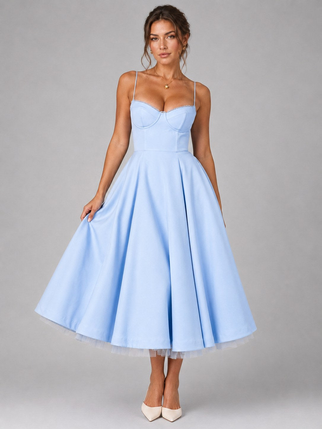 Lucy | Women's Corset Midi Dress with Full Skirt, Sweetheart Neckline Occasion Dress | My Sweet Wardrobe | White