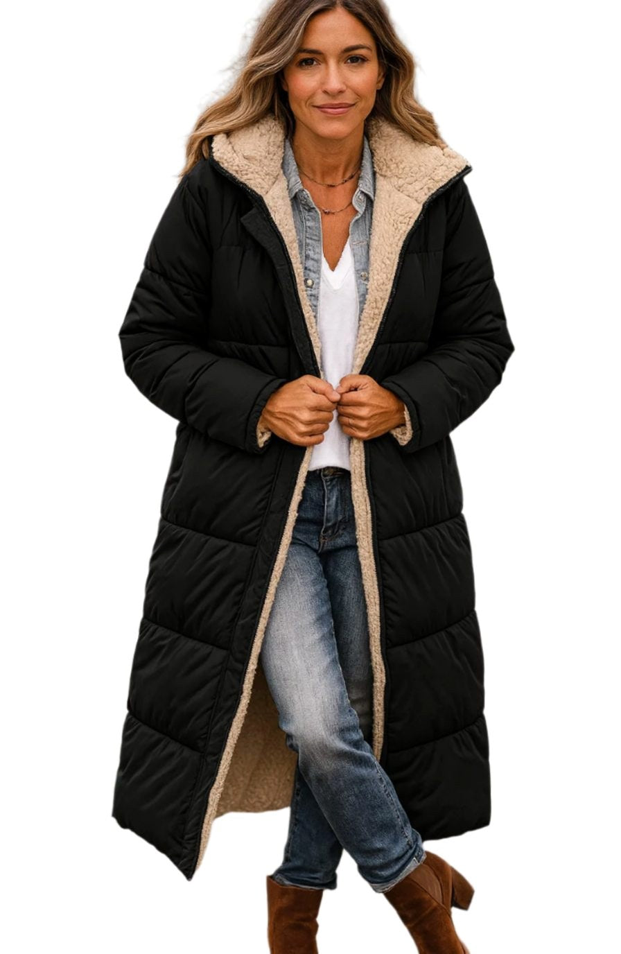 Luisa | Women's Long Hooded Padded Coat, Sherpa-Lined Winter Coat | My Sweet Wardrobe | Black