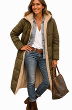Luisa | Women's Long Hooded Padded Coat, Sherpa-Lined Winter Coat | My Sweet Wardrobe | Black