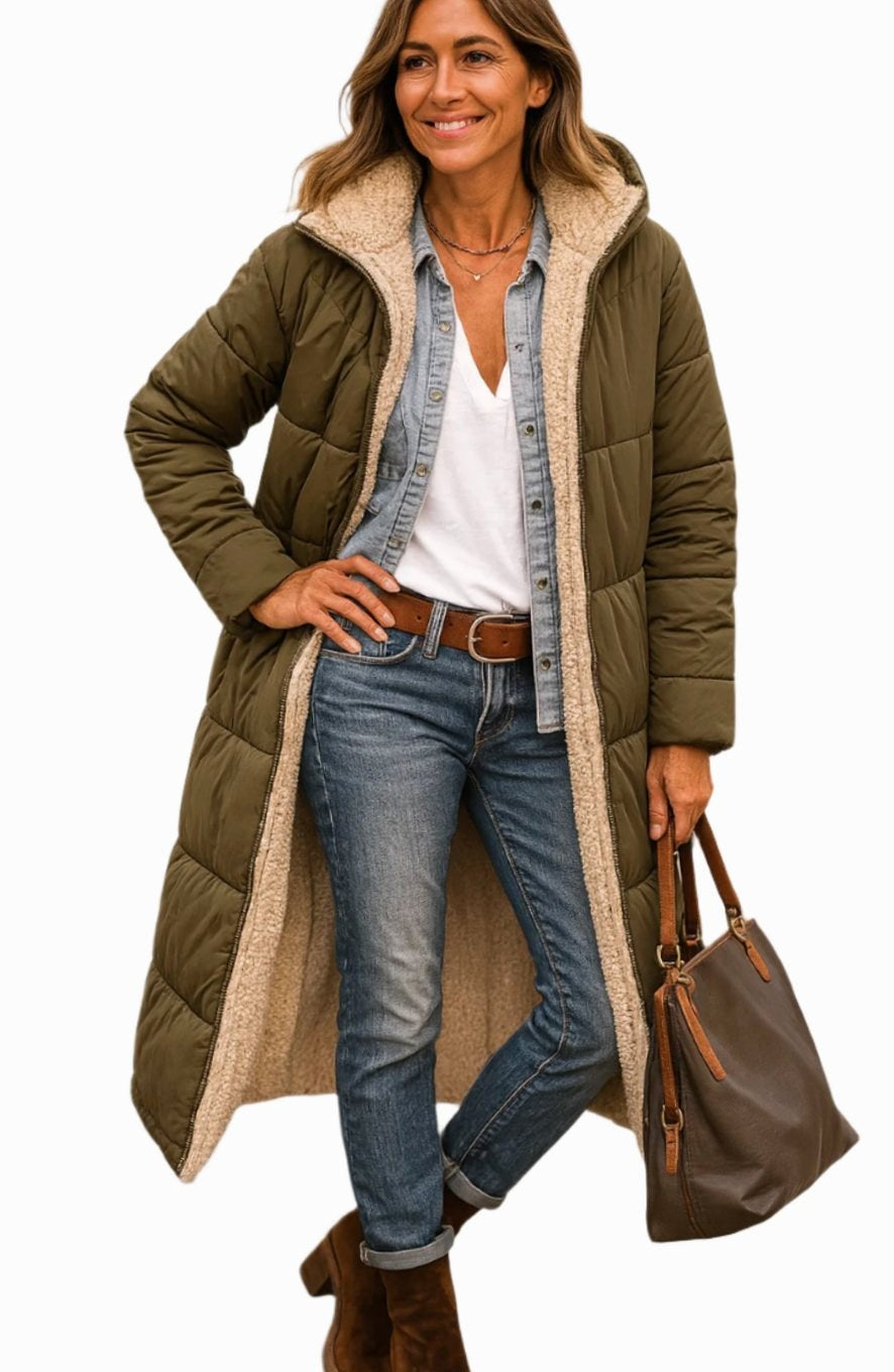 Luisa | Women's Long Hooded Padded Coat, Sherpa-Lined Winter Coat | My Sweet Wardrobe | Black