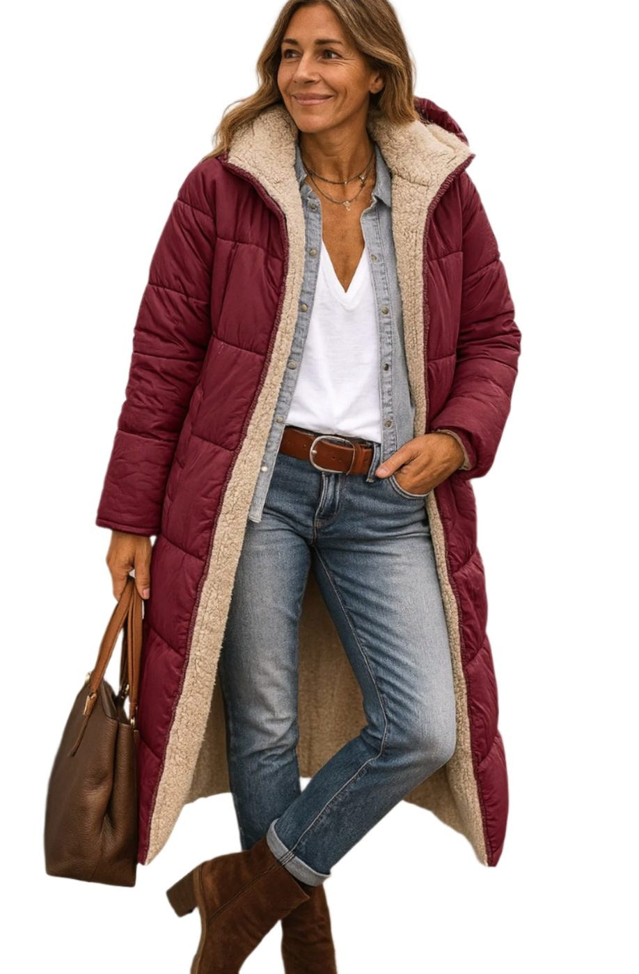 Luisa | Women's Long Hooded Padded Coat, Sherpa-Lined Winter Coat | My Sweet Wardrobe | Black