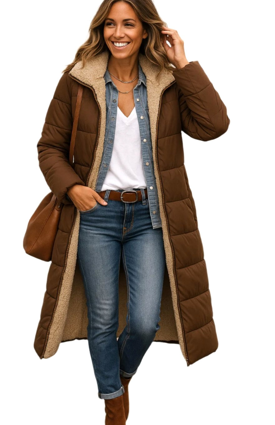Luisa | Women's Long Hooded Padded Coat, Sherpa-Lined Winter Coat | My Sweet Wardrobe | Black