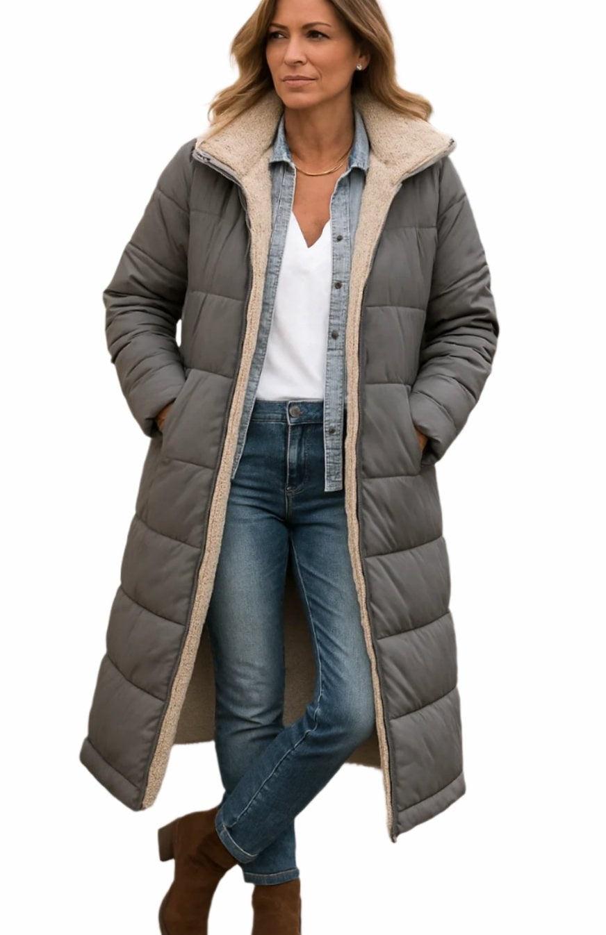 Luisa | Women's Long Hooded Padded Coat, Sherpa-Lined Winter Coat | My Sweet Wardrobe | Navy Blue
