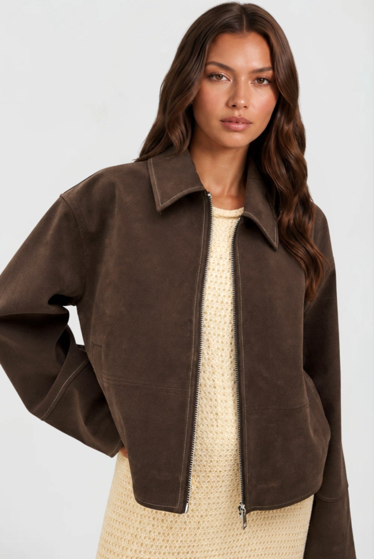 Manon | Women's Short Suede-Effect Jacket, Brown Pointed-Collar Jacket | My Sweet Wardrobe | Brown