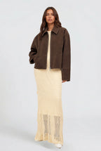 Manon | Women's Short Suede-Effect Jacket, Brown Pointed-Collar Jacket | My Sweet Wardrobe