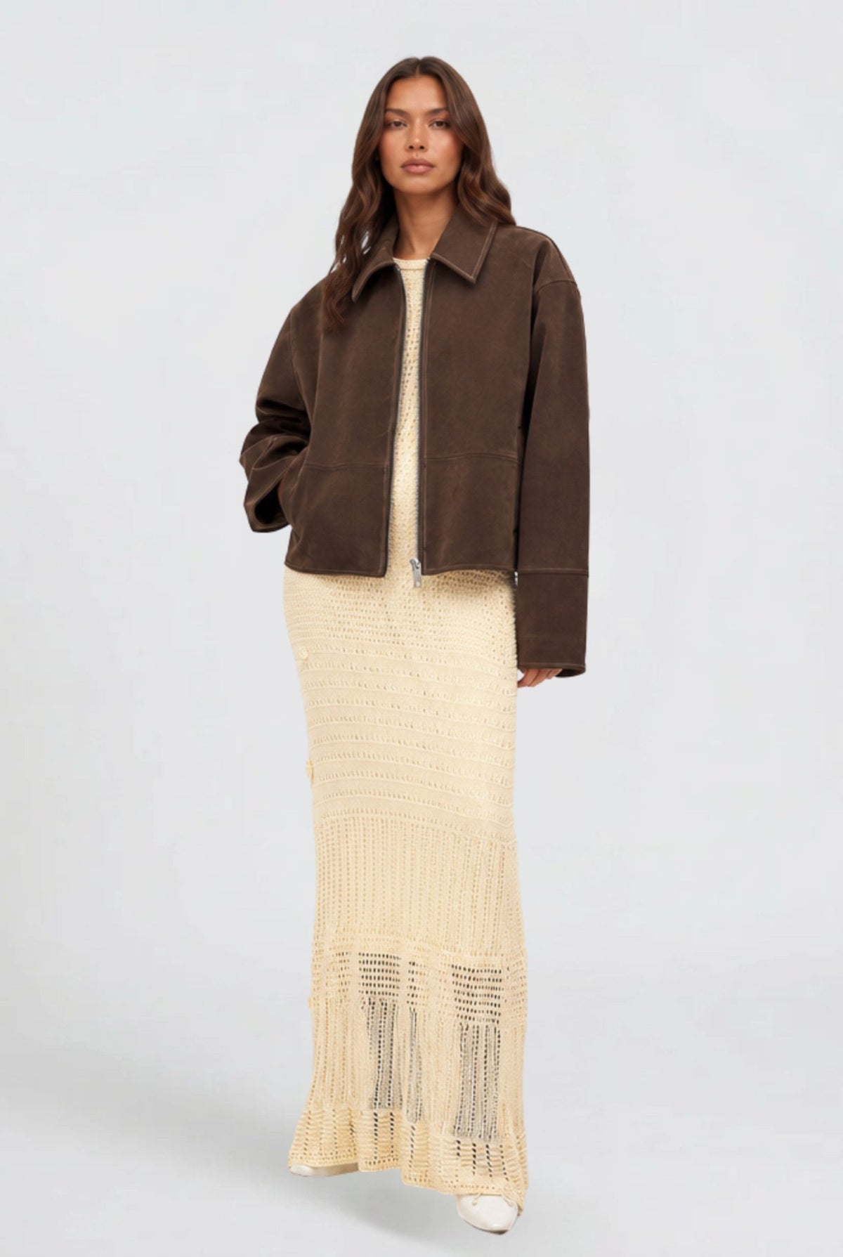 Manon | Women's Short Suede-Effect Jacket, Brown Pointed-Collar Jacket | My Sweet Wardrobe
