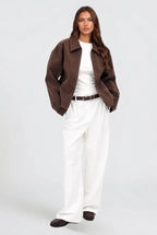 Manon | Women's Short Suede-Effect Jacket, Brown Pointed-Collar Jacket | My Sweet Wardrobe
