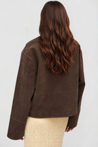 Manon | Women's Short Suede-Effect Jacket, Brown Pointed-Collar Jacket | My Sweet Wardrobe