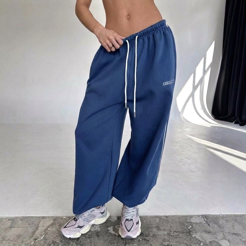 Maelle | Women's Baggy-Fit Sweatpants with Side Stripe, Wide-Leg Lounge Trousers | My Sweet Wardrobe | Navy blue