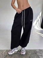 Maelle | Women's Baggy-Fit Sweatpants with Side Stripe, Wide-Leg Lounge Trousers | My Sweet Wardrobe | Brown