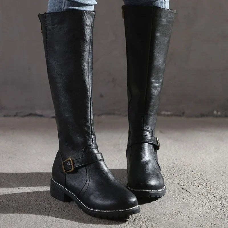 Maisie | Women's Knee-High Leather Boots, Side-Zip Block Heel Riding Boots | My Sweet Wardrobe | Dark Brown