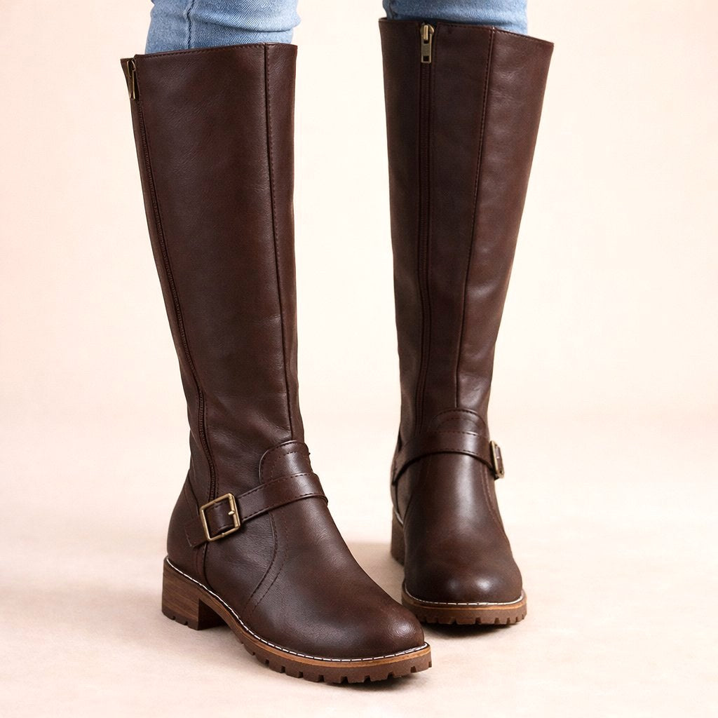 Maisie | Women's Knee-High Leather Boots, Side-Zip Block Heel Riding Boots | My Sweet Wardrobe